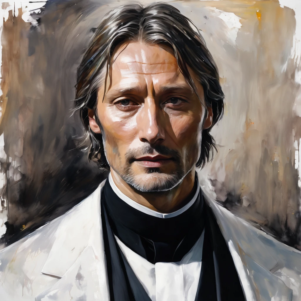Messy painting style portrait of a Mads Mikkelsen lookalike, white, neck length hair, suit, white collar priest, grizzling hair, no beard, serious