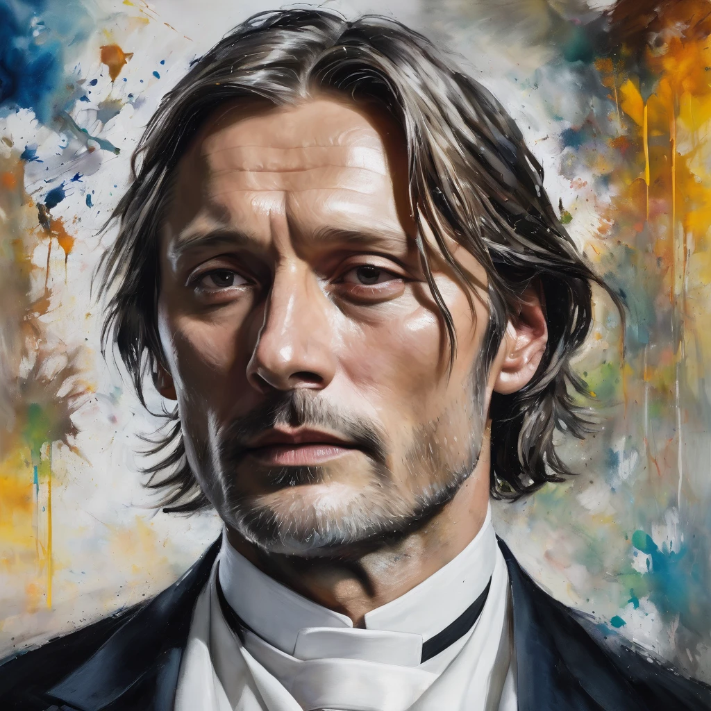 Messy painting style portrait of a Mads Mikkelsen lookalike, white, neck length hair, suit, white collar priest, grizzling hair, no beard, serious