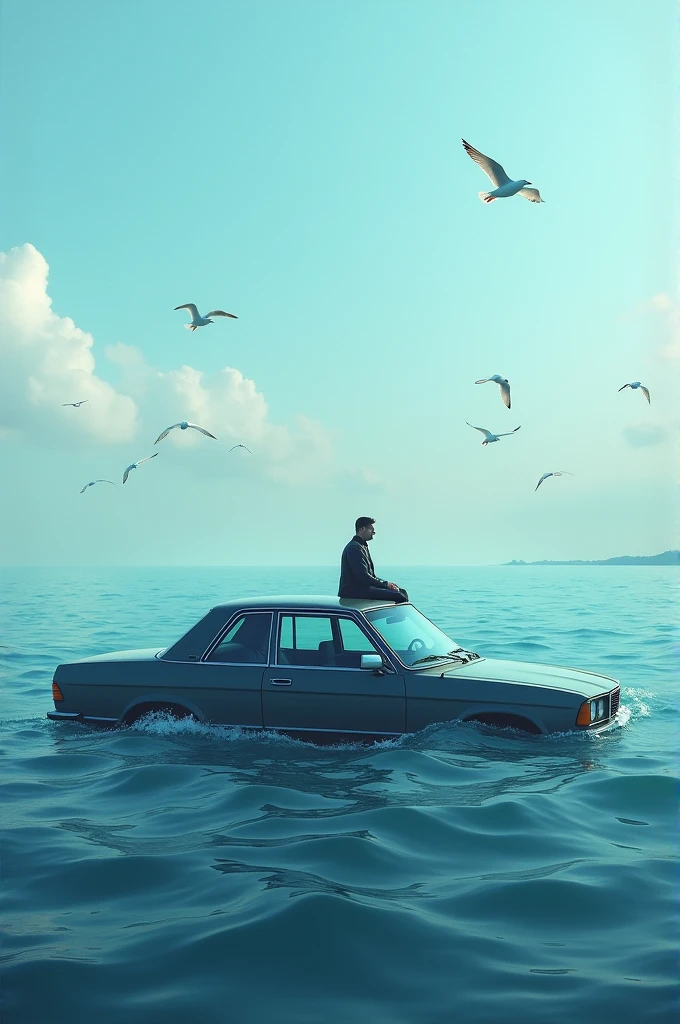 Create a scene where a man is sitting on top of a car that is floating on the ocean. The car is partially submerged or cruising on the water’s surface. The man is waiting for someone, perhaps looking out towards the horizon or scanning the waves. Illustrate the vast expanse of the ocean around him, with gentle or dynamic waves depending on the mood you want to convey. Add details like seagulls, distant islands, or a vibrant sunset to enhance the setting, and use cool, calming colors to reflect the oceanic environment.