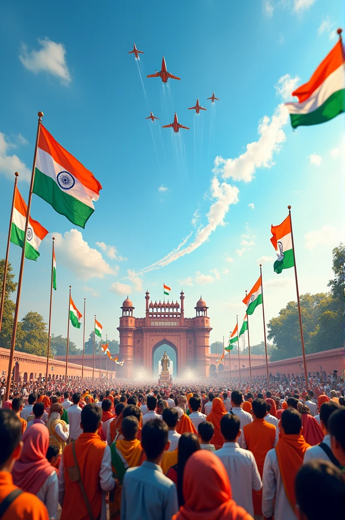 "A vibrant Indian Independence Day celebration set against the backdrop of a clear blue sky. The scene is filled with fluttering tricolors, symbolizing the Indian flag, displayed on tall poles and held by enthusiastic people of all ages dressed in traditional Indian attire. In the foreground, children and adults alike are enjoying the festivities, waving small flags, and wearing tricolor-themed accessories. The atmosphere is filled with a sense of unity, pride, and patriotism. A grand parade is taking place, with colorful floats representing various states of India, each adorned with cultural symbols, dancers, and musicians. In the background, an iconic historical monument like the Red Fort is visible, where a leader is giving a speech, while jets fly overhead leaving trails of saffron, white, and green smoke. The overall mood is festive, joyous, and deeply patriotic, reflecting the spirit of India’s independence."