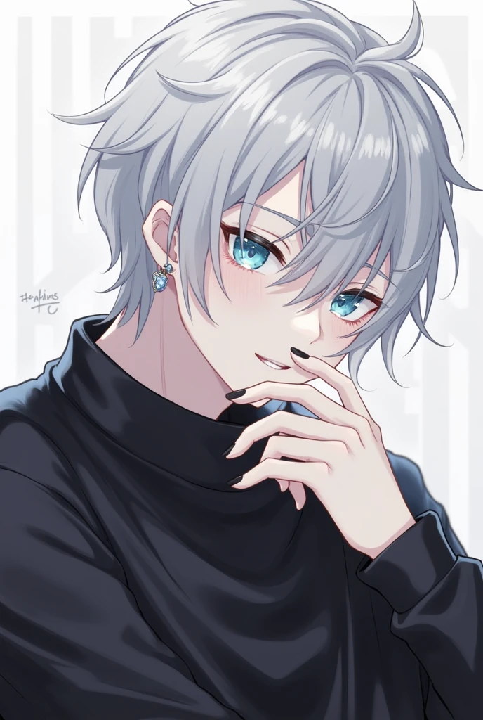 Beautiful Boy、Three white eyes、Gray Hair,、Neckline 15cm、Shortcuts、Black clothing、Black Nail、Ring piercing on left earlobe、Eye color is light blue、Yandere