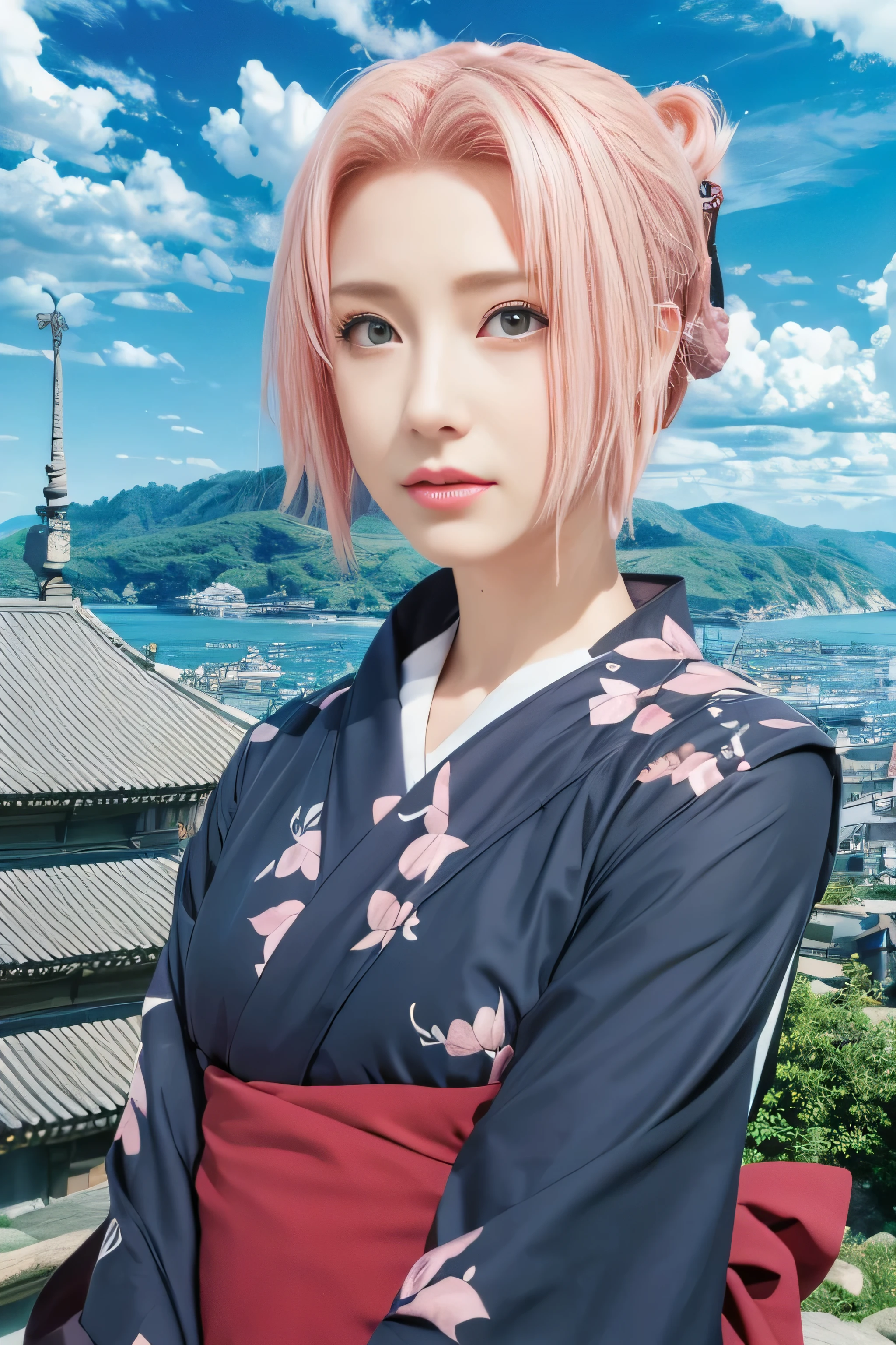 masterpiece, best quality, (realistic,photo-realistic:1.4), (RAW photo:1.2), extremely detailed CG unity 8k wallpaper, delicate and beautiful, amazing, finely detail,official art, absurdres, incredibly absurdres, huge filesize, ultra-detailed, extremely detailed, extremely detailkcaled girl,extremely detailed eyes and face, light on face,little smiles,(short hair:1.3),(pink hair:1.3)(nature background:1.4),haruno sakura,(kimono1.2)