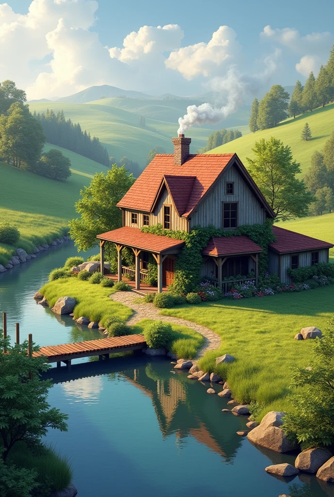 A house in the countryside next to a river