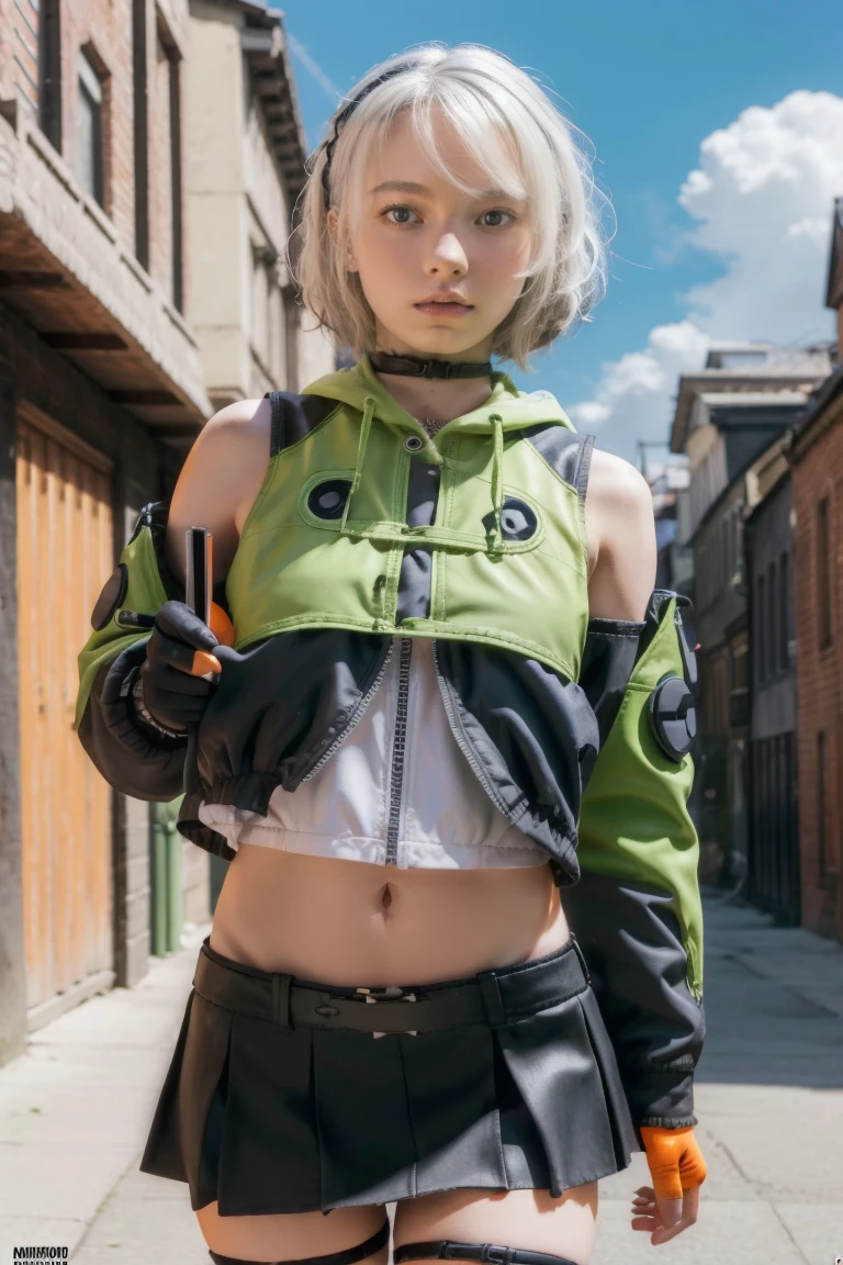 anbydemara, anby demara, (orange eyes:1.5), short hair, white hair,
BREAK bare shoulders, black gloves, black skirt, black thighhighs, fingerless gloves, gloves, green jacket, headphones, jacket, navel, skirt, stomach, thighhighs,
BREAK outdoors, city, sky, clouds, sun, buildings, crowd, people, alley,
BREAK looking at viewer, (cowboy shot:1.5),
BREAK (masterpiece:1.2), best quality, high resolution, unity 8k wallpaper, (illustration:0.8), (beautiful detailed eyes:1.6), extremely detailed face, perfect lighting, extremely detailed CG, (perfect hands, perfect anatomy),