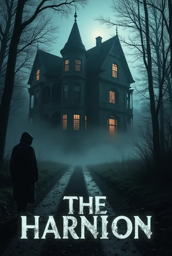 It shows an old Victorian mansion, partially shrouded in fog, at the edge of a dark forest. The mansion, with broken windows and rusty doors, It is illuminated by a dim moonlight that creates sinister shadows.. In the foreground, A gravel road disappears into the darkness of the forest. The title of the book appears in white letters with a subtle black glow in the lower right corner., while a hooded figure watches from the upper left corner.