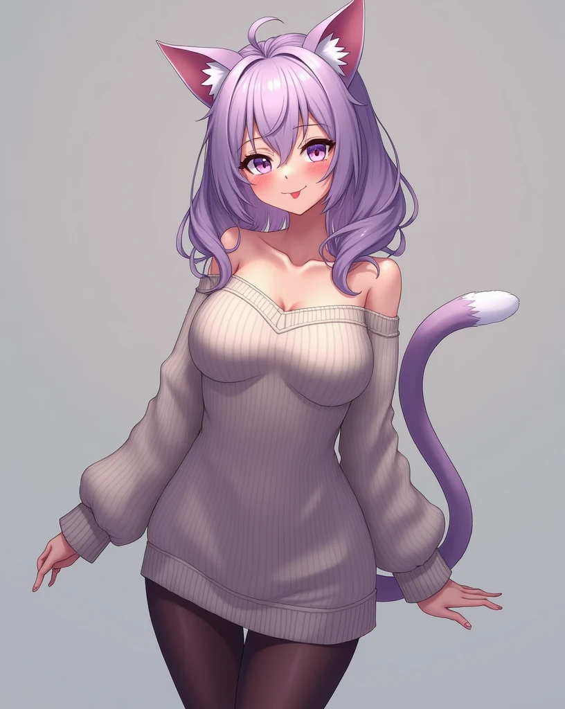 masterpiece, best quality photo of  a girl, ((looking at viewer)), lilac hair, purple eyes, long hair,  ahoge, sweater, sweater skirt, pantyhose, 163cm, hair between eyes, large breasts, adult, 33 years old, mature, glasses, solo, sole, smile, cat ears, cat tail, fang, catgirl, animal ears, realistic photo