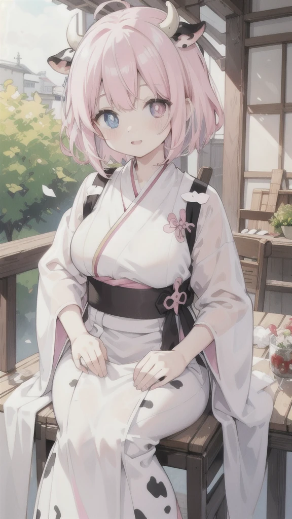 Dairy Cow，Short pink hair，One black and one white heterochromatic pupils，Dairy Cow striped Hanfu