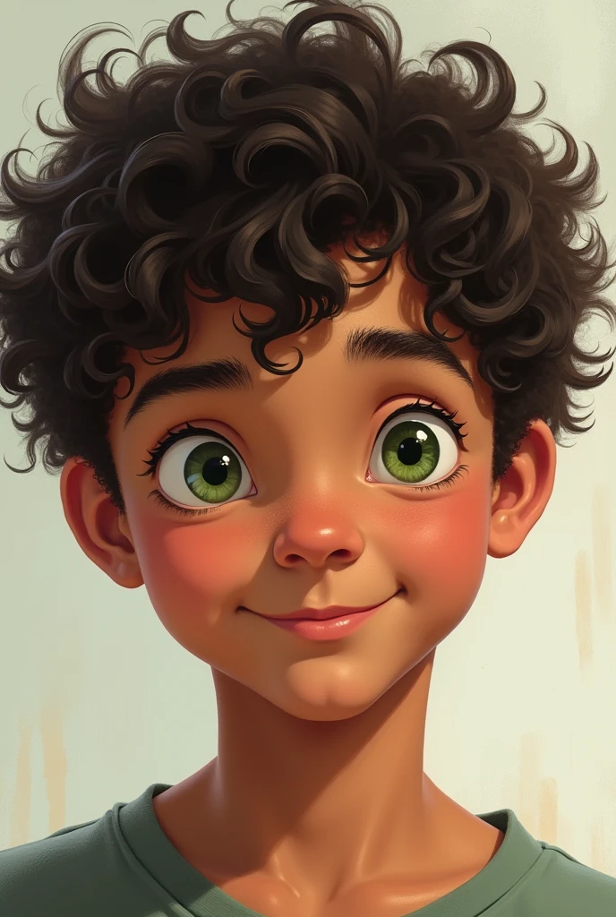 Black Caucasian boy light skin green eyes short curly hair 