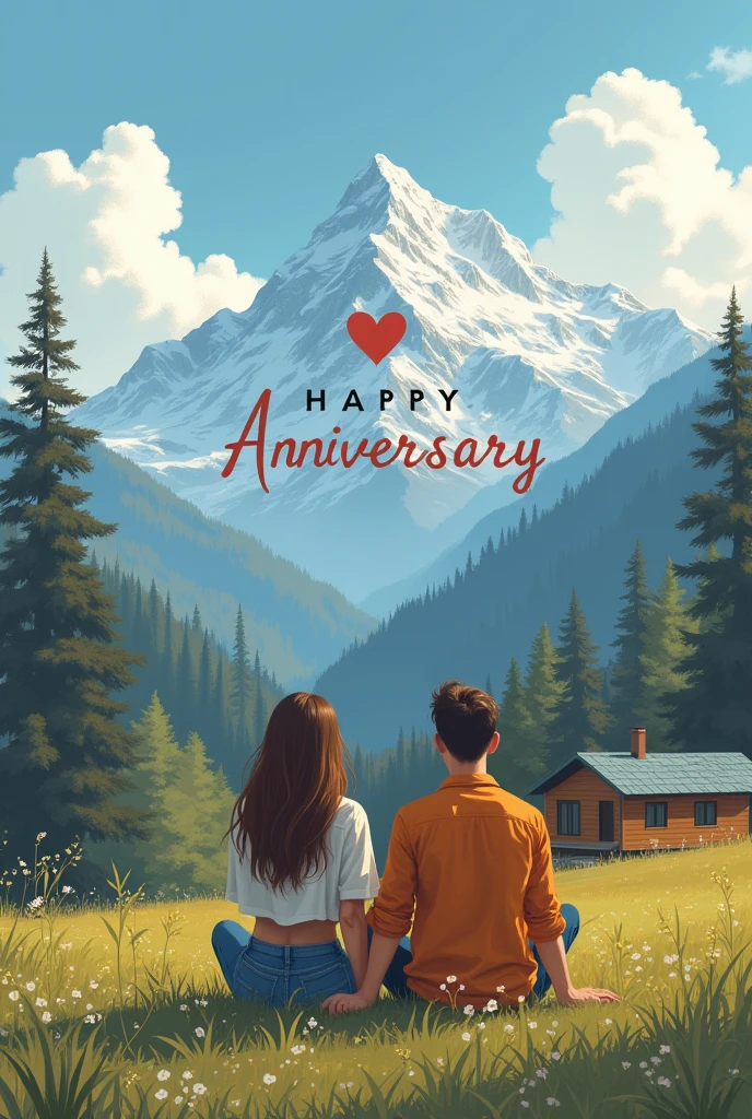 A couple sitting in meadow in front of beautiful house having snow clapped himalayas on background and Lady have black spot on her chin and The sky is painted in artistic cloud  woth bold text written happy anniversary .