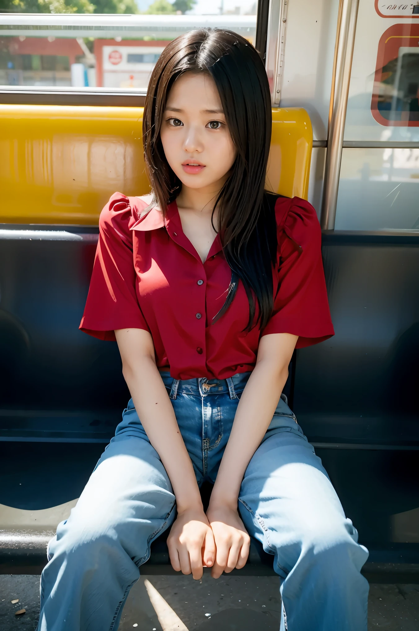 Create a  in a red blouse, jeans, black hair, very sad. Sitting on a bus bench.