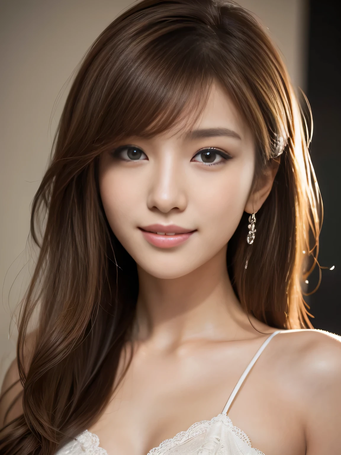 masterpiece, best quality, ultra-detailed, intricately detailed hyperdetailed, realistic, sharp features, highly detailed, sharp focus, Realistic, Photorealistic:1.3, (19 years old:1.3), perfect face, perfect symmetrically eyes, perfect full lips, hyper detailed, hyper realistic, high resolution, beautiful young korean woman, Slender, brown hair, Stylish, model poses, Beautiful Face, light brown hair, messy hair, Beautiful hairstyle, (seductive smile:1.2), (looking at viewer), cinematic lighting, White background,
