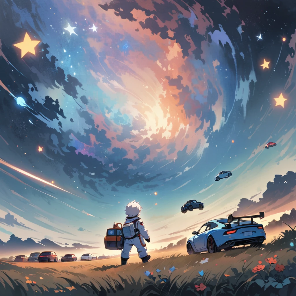 man boy sit in spacesuit floating in space,white hair, surrounded by the Milky Way, the universe , cutely. with cars