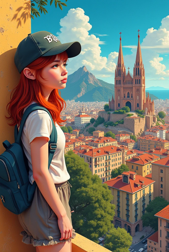 Imagine a red-haired white teenager with a cap visiting Barcelona and making a collage of photos and the places she went and being at the Tibidabo church