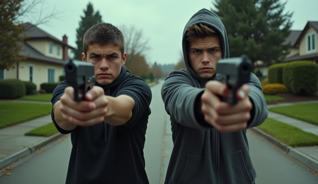 2 young men robbing a neighborhood with guns in their hands photo size 16:9