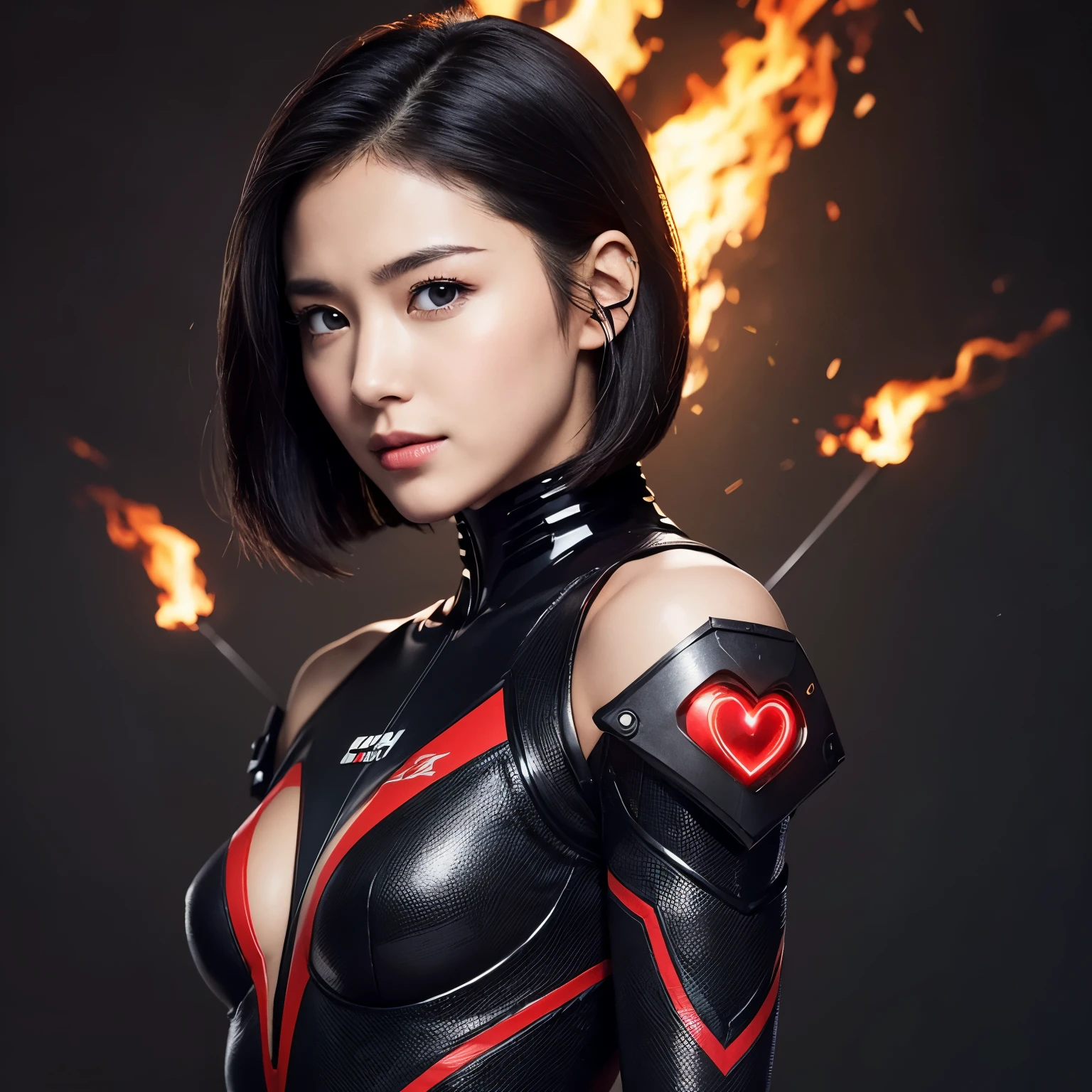 (Highest quality:1.2),(On the rubble of a collapsing city),(Perfect Beautiful Face 1.2, Cool look, Thick eyebrows, Strong-willed eyes, Invincible smile),(Perfect and beautiful posture:1.2),((Android female warrior)), (((muscle)), (Short black hair),Clear Eyes,((Burning heart logo, Red accent on black background:1.2, Cyber Suit, headgear with antenna, Shoulders are exposed)), Side view angle, Gauntlet
