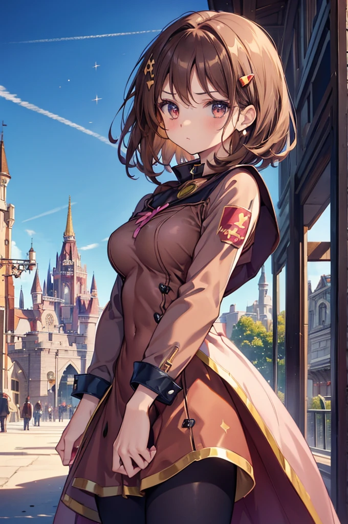 ((brown magical girl)), solo, brown hair, (medium hair), breast, theme park, sad, ((((hero suit)))), hair pin