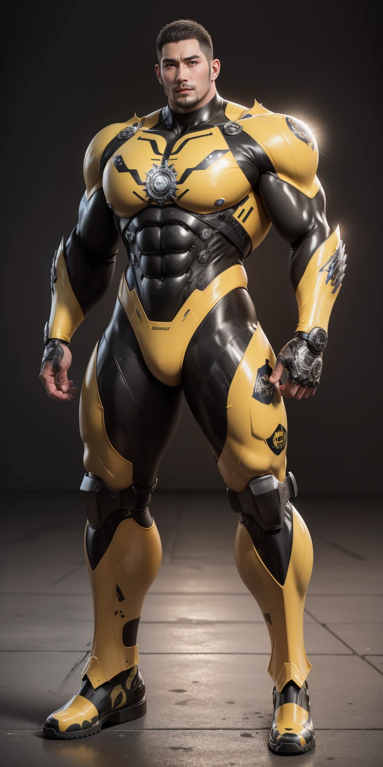 Tall giant muscular police officer，Yellow and black camouflage patterned nano mecha，Honeycomb pattern，Lightweight texture，Character Concept（Resident Evil - Chris Redfield，Chris Redfield）senior police officer，Small grid texture，Regular symmetrical texture pattern，Sad expression，Deep and charming eyes，Standing in a bright mechanical laboratory，Emerald Eyes Hero，Heroic male pose，高大Burly，muscular！Attractive leg muscles，High target, Burly, Heqiang，  Super Buff and Coolness， High Resolution Committee， Bigfoot yellow-gray ultra-thin nano-mechanical boots，Charismatic strongman，The bright sunshine shines on you，Matte particles，Shiny texture