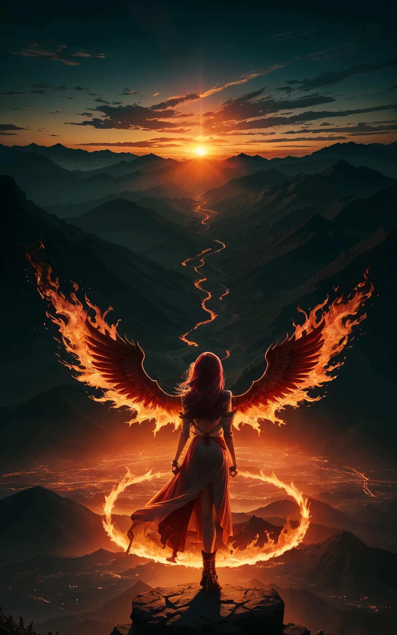 (Anna Ralphs) (Masterpiece, best quality: 1.2), a girl with phoenix wings standing in a ring of fire, with glowing red eyes, phoenix, lotus flowers, red gold pink, sunrise from mountain at the background (Nsfw) 