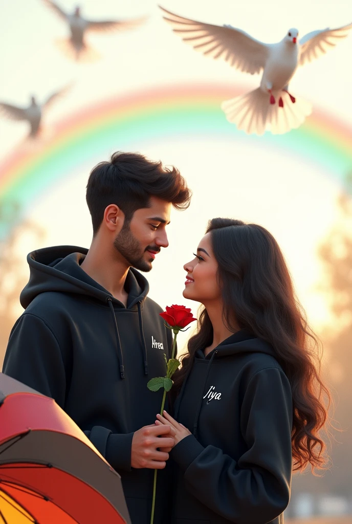 Realistic Pakistani 23-year-old Handsome boy ,Black Hoodie with a 22-year beautiful girl in a Black Hoodie, the girl has a red rose flower in her hand, and the boy holding a multi-colorful umbrella in his hand, written in "Afreed" in the boy's hoodie, and "Jiya" in girl hoodie, in outdoor Park with white Background Doves Flying, Beautiful lonely picture, pretty girl, So happy picture, profile pic, Rainbow Behind, 3d illustration, hyperrealistic, Look straight