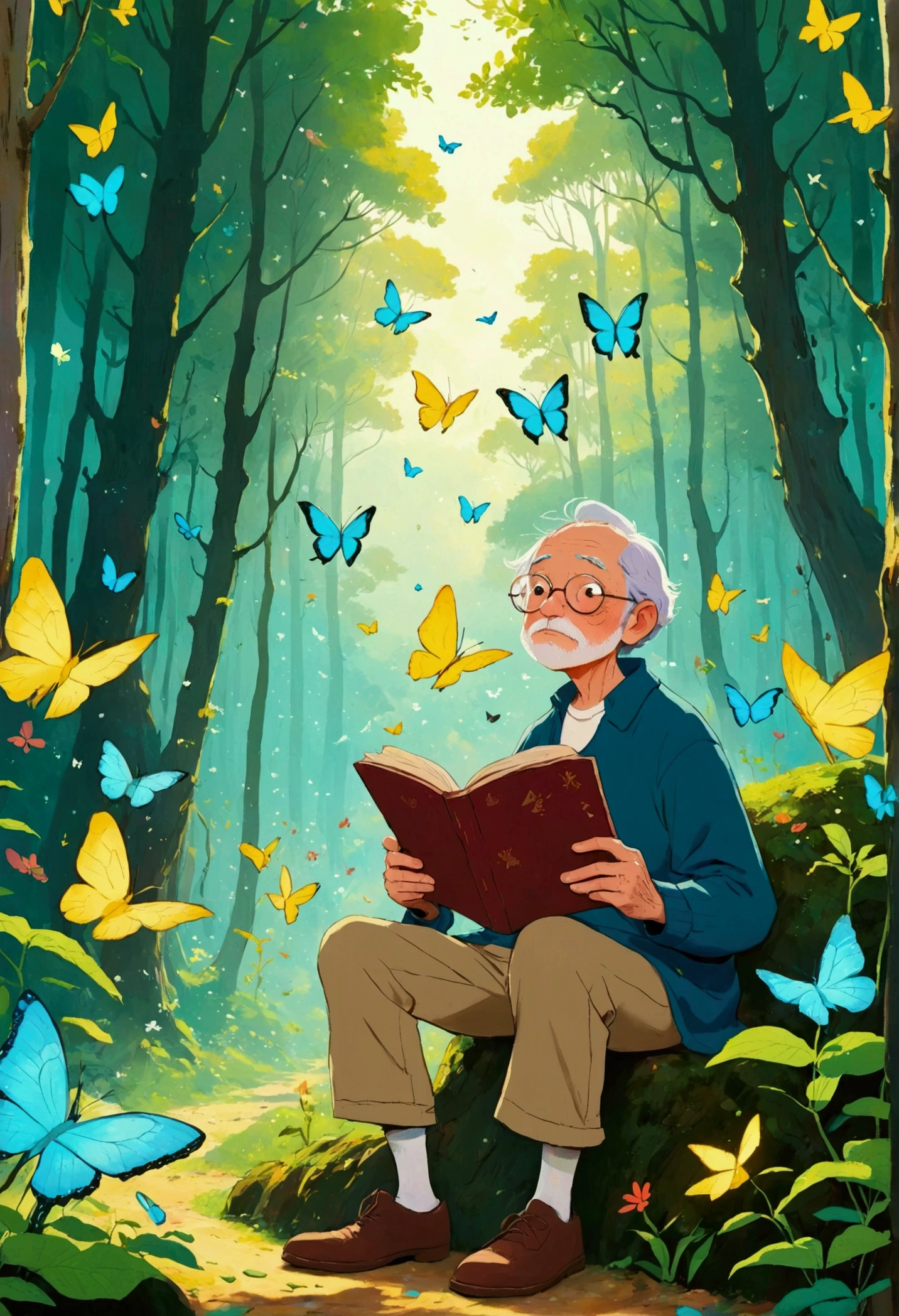 A man is reading in a forest full of butterflies, Character portraits inspired by Hayao Miyazaki, Pixiv competition winner, Magical Realism, William Joyce, Miyazaki style, Hayao Miyazaki, An old man with 7 yellow birds, Cyril Rolando 和 M. Vacaruta, Cyril Rolando 和 M.Vacaruta, Ghibli art style