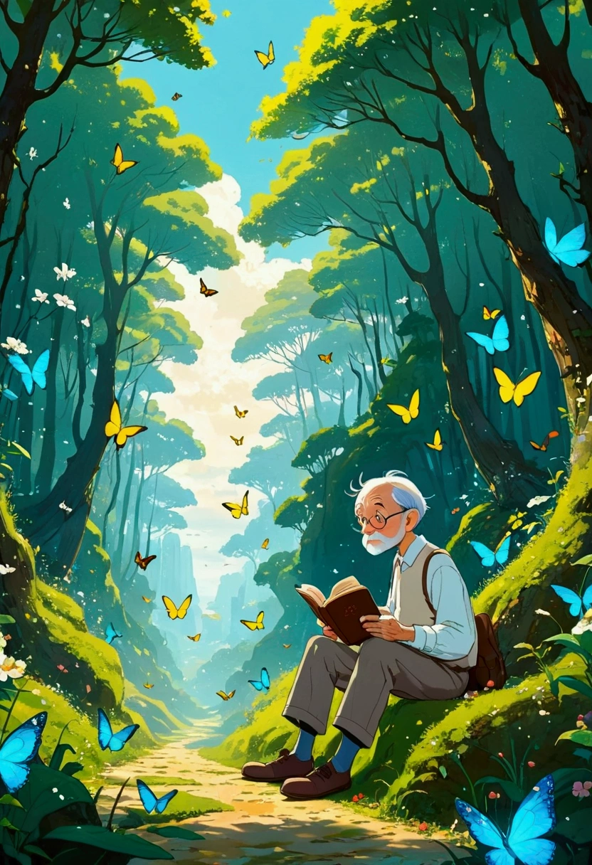 A man is reading in a forest full of butterflies, Character portraits inspired by Hayao Miyazaki, Pixiv competition winner, Magical Realism, William Joyce, Miyazaki style, Hayao Miyazaki, An old man with 7 yellow birds, Cyril Rolando 和 M. Vacaruta, Cyril Rolando 和 M.Vacaruta, Ghibli art style