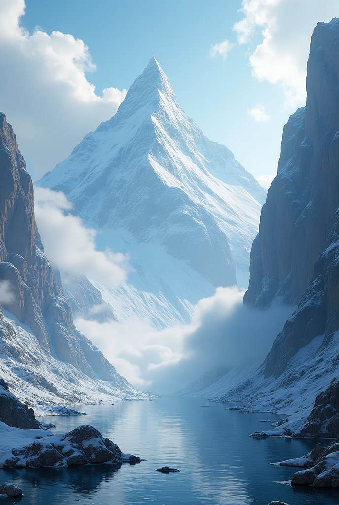 3d fantasy world. epic landscape, epic mountain, water, cloudy, very detailed and cinematic lighting. Ultra res