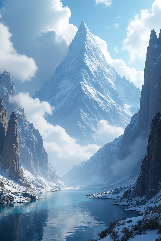 3d fantasy world. epic landscape, epic mountain, water, cloudy, very detailed and cinematic lighting. Ultra res