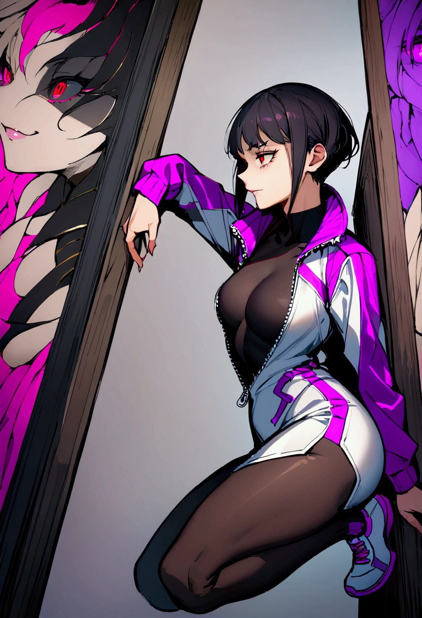 alone,short hair,short tight white shorts,work of art,face detailed,beautiful young fitness woman with , in a gym wearing May with black pantyhose, white and purple tight short gym jacket.tight white shorts Alone,red eyes glowing,Evil smile,legging preto ,labiaa,dark eye shadow,shining eyes,a hand leaning against the wall,crouched,neckleace,jacket zipper half open,Tight black shirt,white sports tennis shoes,short hair with purple details,beautiful curves,whole body,hair with purple details,labiaa,detailed face and eyes,work of art,sexy look,crouched,pefil from sideways,from sideways,confrontation