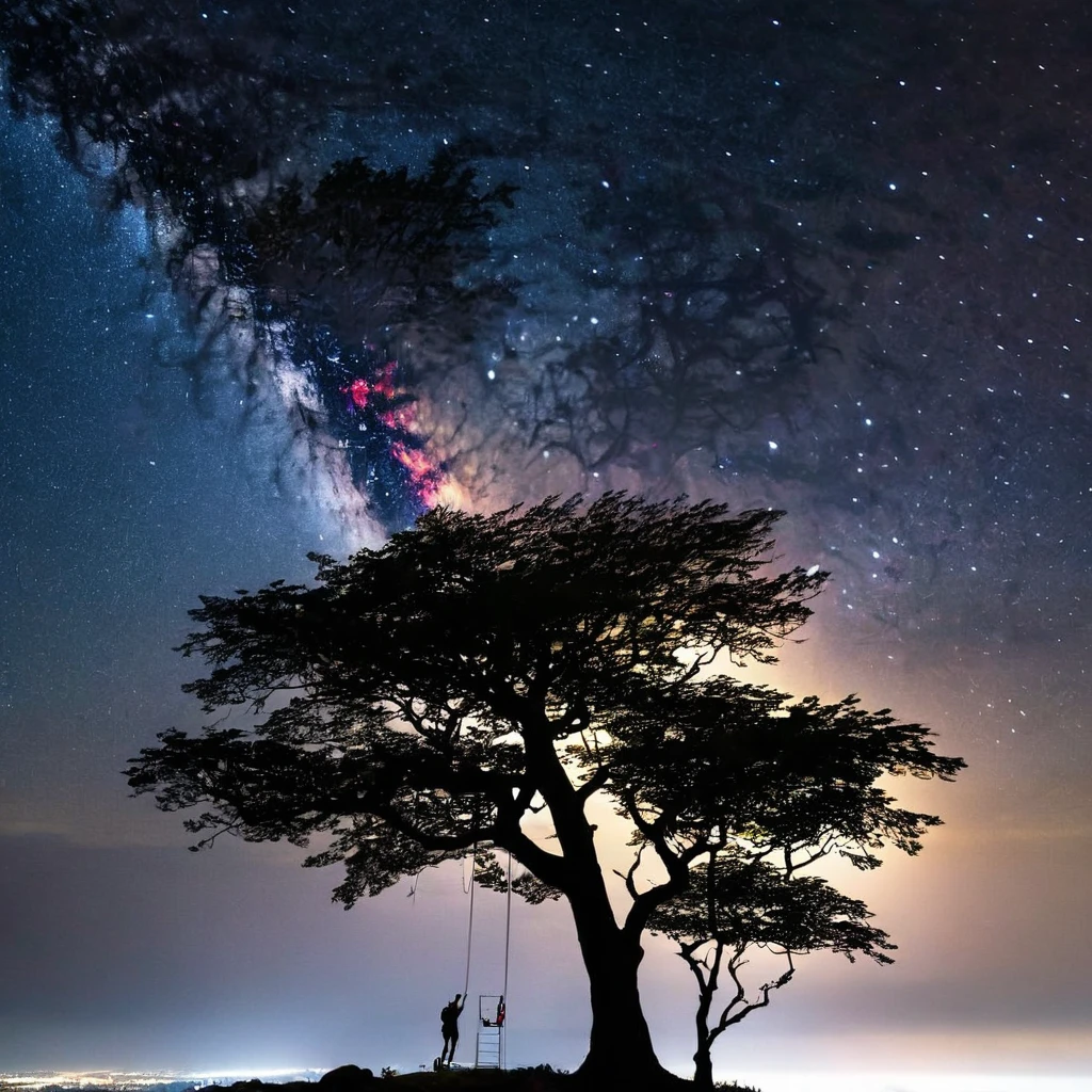 Mountain in the sky with night full of beginnings with Spiderman side tree.