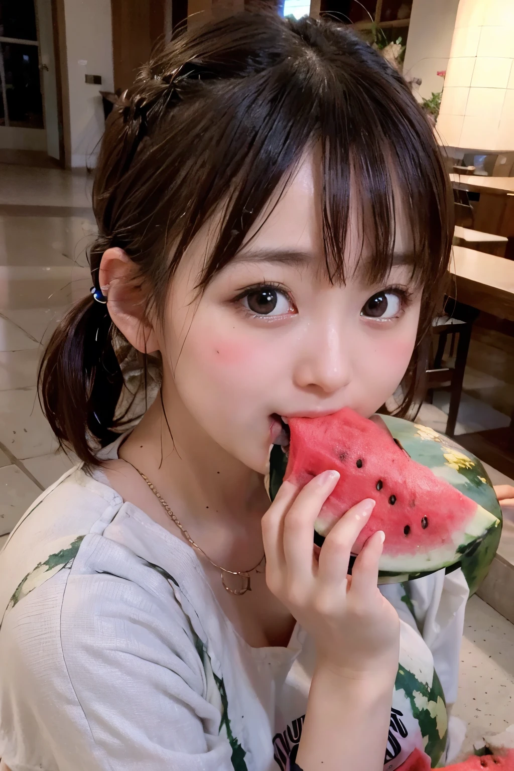 8K, RAW Photo, Best Quality, Masterpiece, Realistic, PhotoRealistic, Extremely Detailed 8K Wallpaper, Beautifully Detailed Eyes, Finely Detailed Face, BREAK Professional Lighting, Rim Lighting,  BREAK 1 Girl, fingersmile, (Eating Watermelon:1.6), BREAK Perfectly Anatomically Correct:1.4, 5 Beautiful Thin Finger:1.4, BREAK 1 Girl, (Very Short Twin Tail Hair), Kawaii, Japanese, Wide-Set Eyes, Big Eyes, Almond-Shaped Eyes, Tareme, Double Eyelids, Eye Bags, White Skinned, Blush, Embarrassed, 17-Year-Old, Round Face, Chiseled Face, Round Chin, Thin Lips, Small Nose, Oval-shaped Face, Brown Hair, Messy Hair, Wet Hair, Open Mouse Slightly, [Pouted Cheek], Captivating Eye Reflections, Light Smiling, Ecstasy, (Wearing Random Cloths), Beautiful Spherical Shape Buttocks, Medium Buttocks Upturned, Upward Facing Small Breasts, (Looking Back Viewer:1.1), BREAK SFW:1.2, BREAK from Behind, (Ground-Level Shot:1.2, Long Shot:1.2), (Soft Saturation, Soft Contrast), Bokeh:1.1