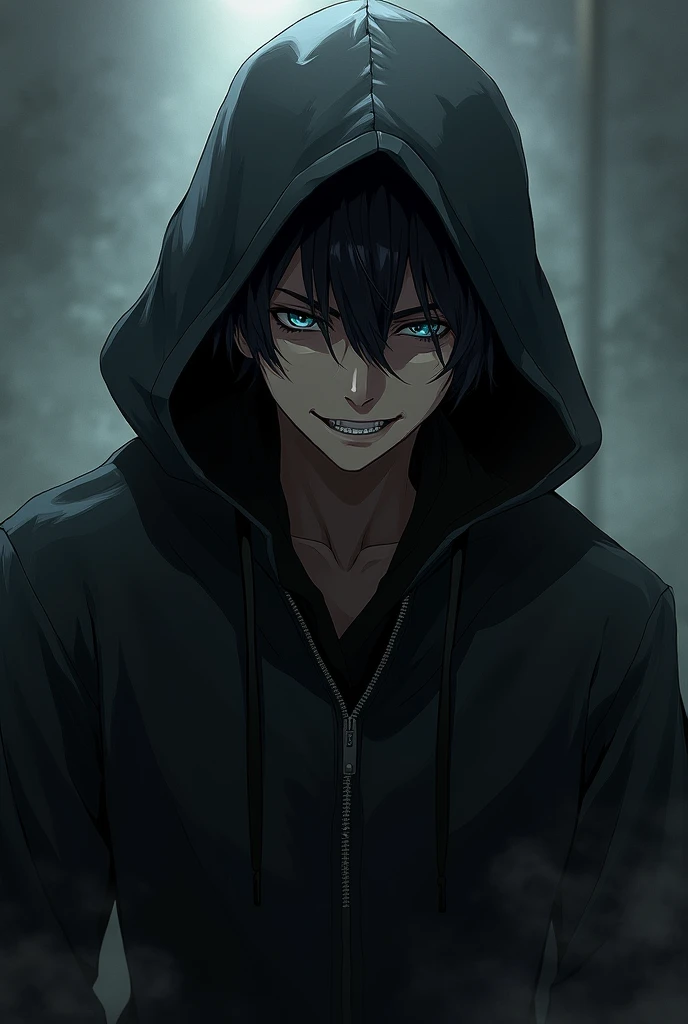 Make a scary boy, handsome man with black hair and a sadistic smile wearing a black hooded battle suit in a fighting pose with anime art