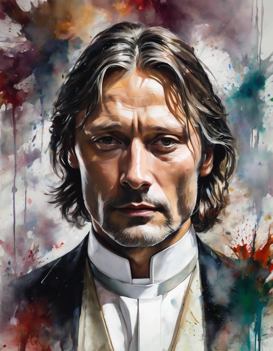 Messy painting style portrait of a Mads Mikkelsen lookalike, white, neck length hair, suit, white collar priest, grizzling hair, no beard, serious
