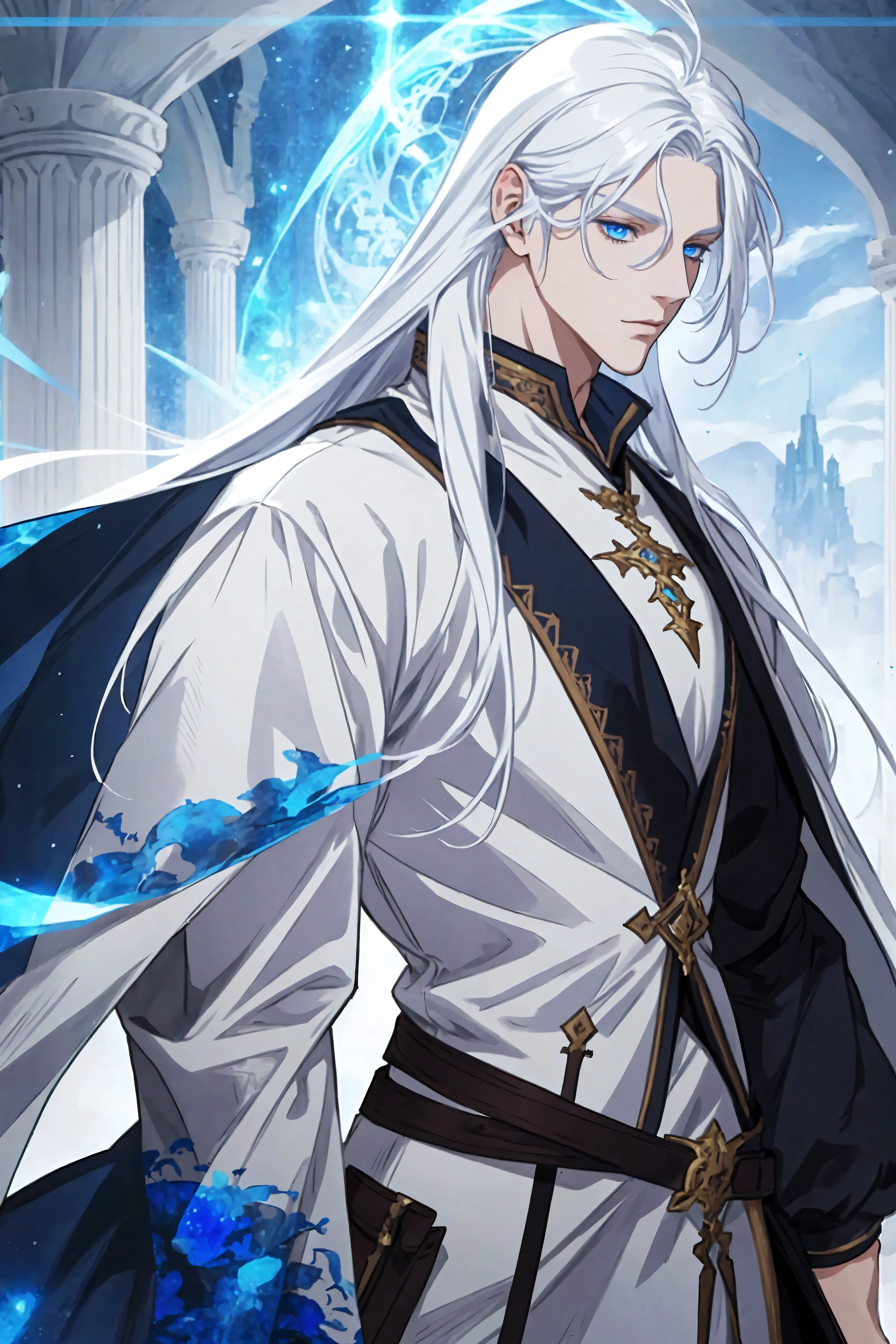 Man, male focus, solo, white hair, very long hair, blue eyes, fair skin, fantasy clothing, top quality, ultra definition, Illustration, high resolution, fantasy background