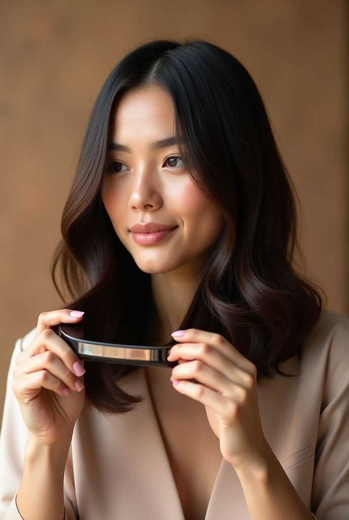 A woman keratinizing her hair with a light brown background