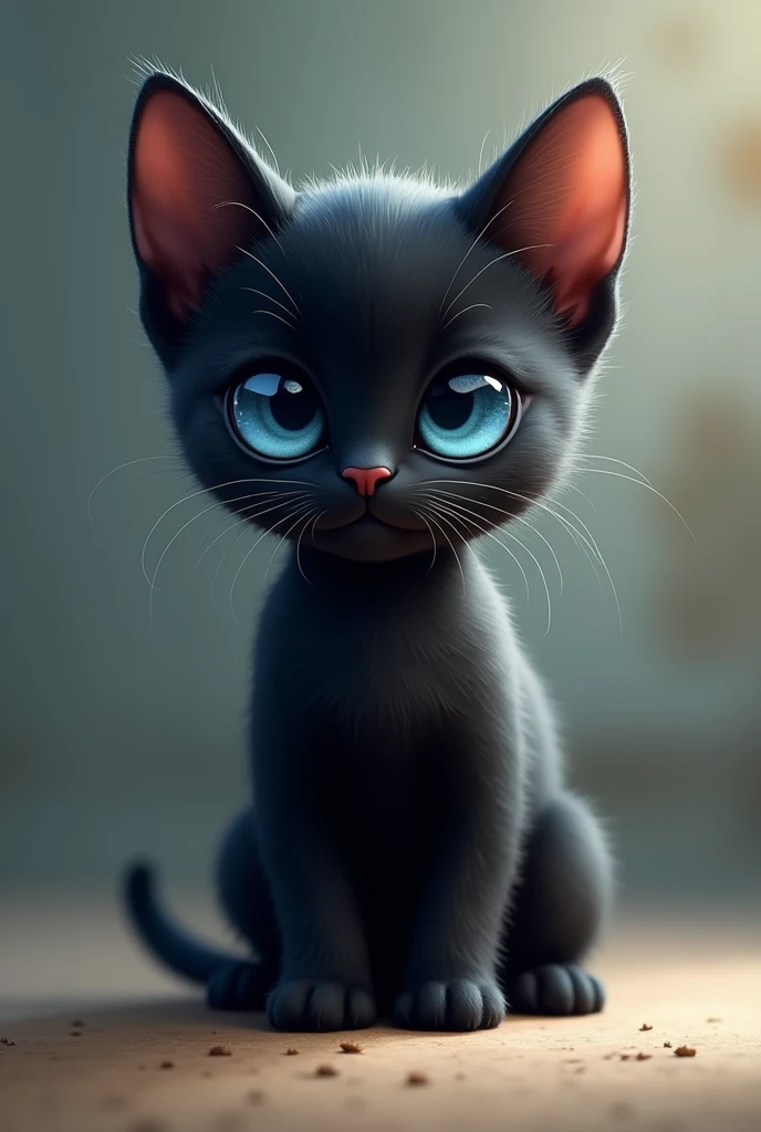 A small black kitten with light blue eyes and a scar on his right eye
