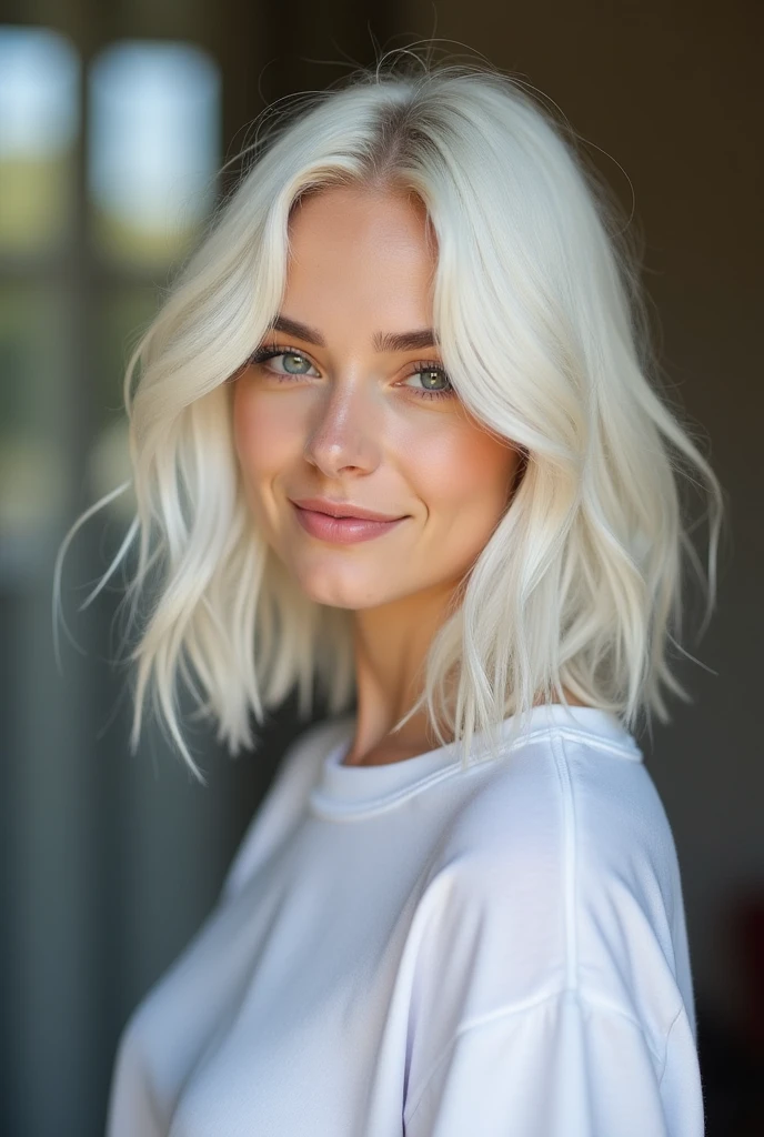 A cute white haired woman with shoulder length hair