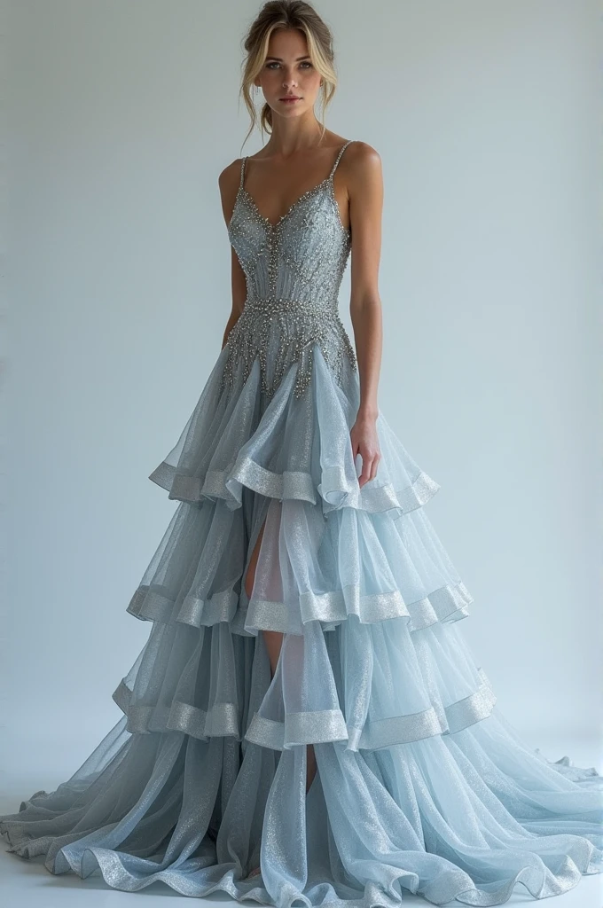 dress, The fabric is soft and luxurious, shimmering silver. The bodice fits snugly, and the skirt cascades down in layers of sheer material, looking like shimmering ice.