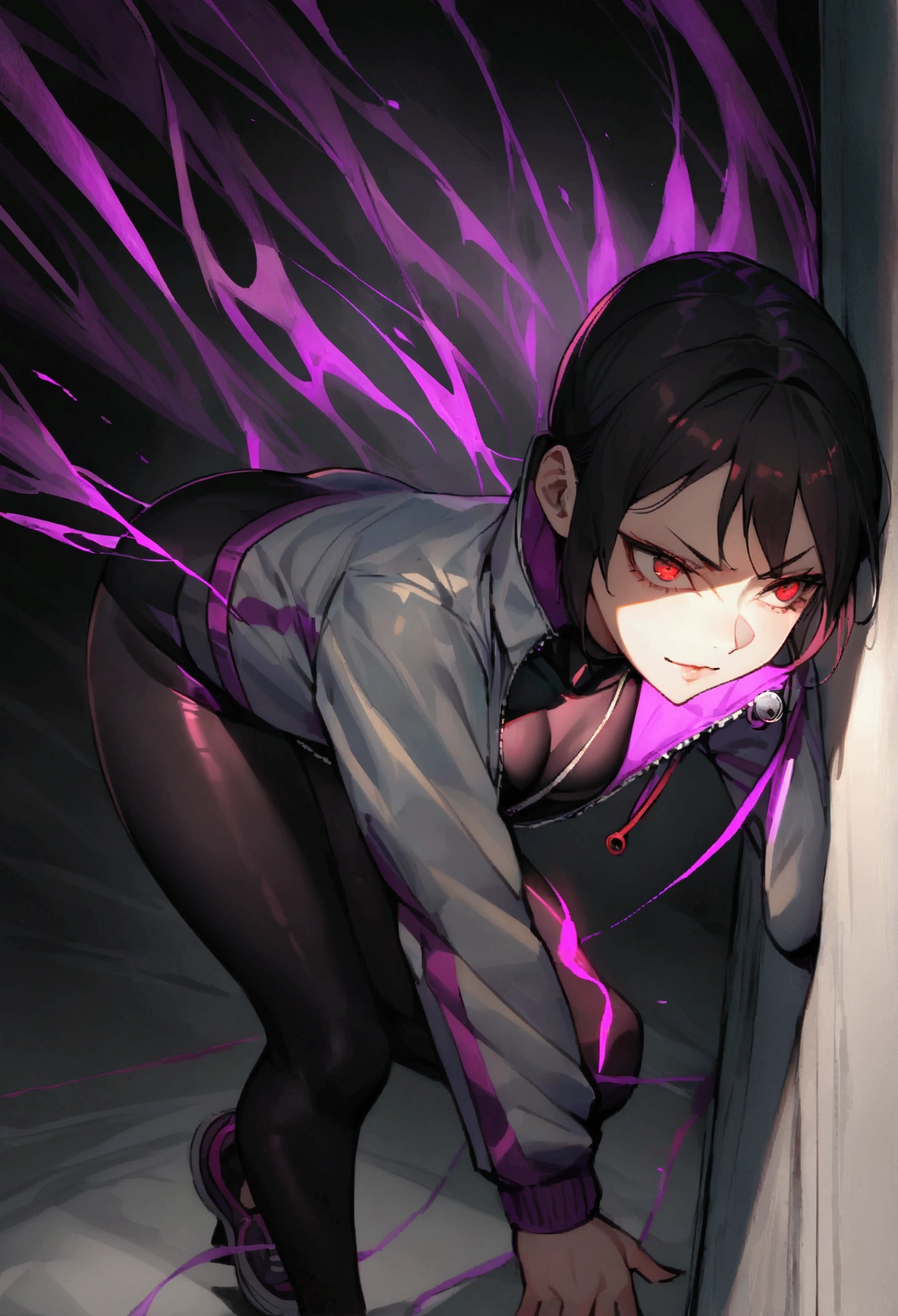 alone,short hair,work of art,face detailed,beautiful young fitness woman with , in a gym wearing May with black pantyhose, white and purple tight short gym jacket.tight white shorts Alone,red eyes glowing,Evil smile,legging preto ,labiaa,dark eye shadow,shining eyes,a hand leaning against the wall,crouched,neckleace,jacket zipper half open,Tight black shirt,white sports tennis shoes,short hair with purple details,beautiful curves,whole body,hair with purple details,labiaa,detailed face and eyes,work of art,sexy look,crouched,pefil from sideways,from sideways,confrontation