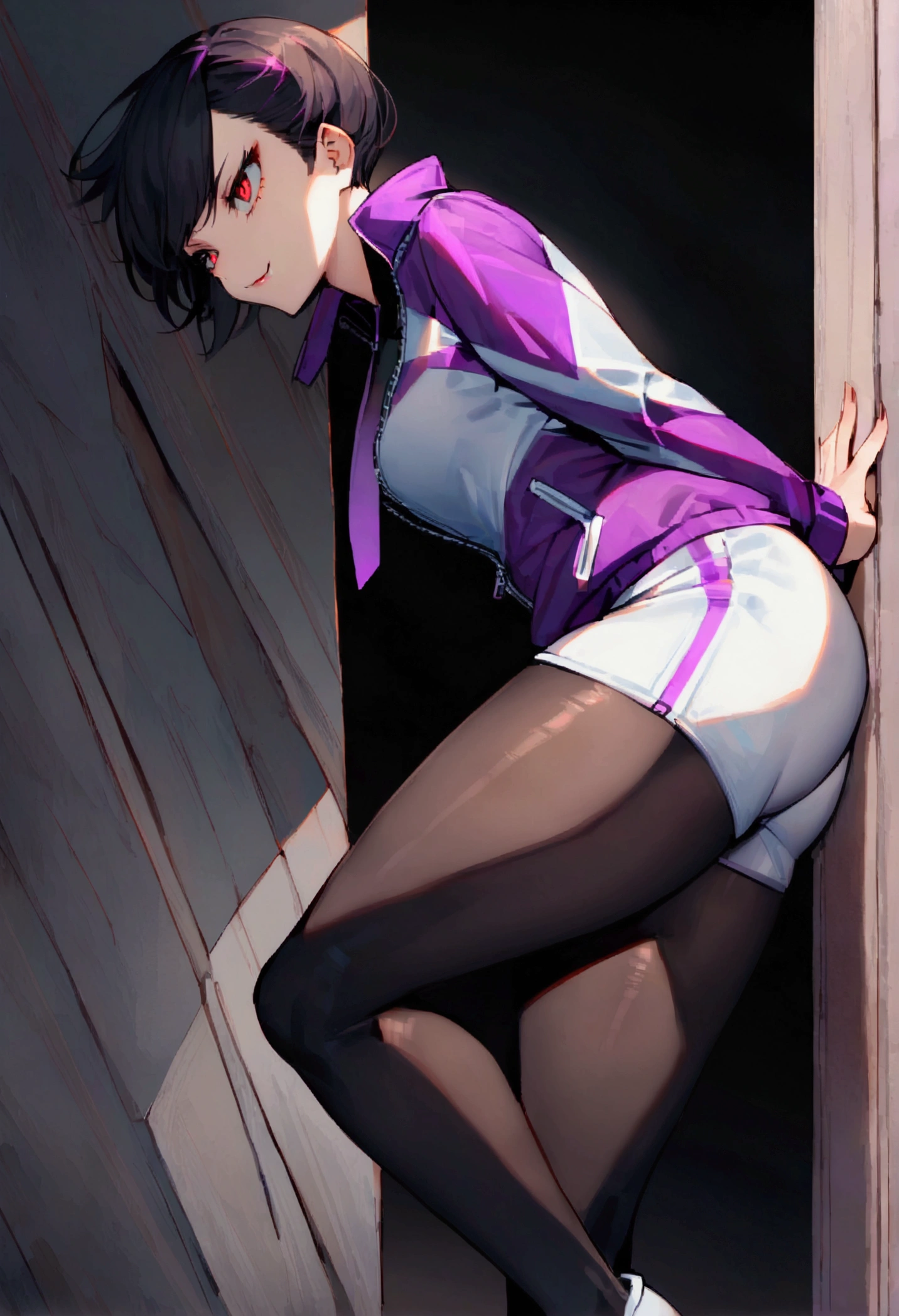 alone,short hair,work of art,face detailed,beautiful young fitness woman with , in a gym wearing May with black pantyhose, white and purple tight short gym jacket.tight white shorts Alone,red eyes glowing,Evil smile,legging preto ,labiaa,dark eye shadow,shining eyes,a hand leaning against the wall,crouched,neckleace,jacket zipper half open,Tight black shirt,white sports tennis shoes,short hair with purple details,beautiful curves,whole body,hair with purple details,labiaa,detailed face and eyes,work of art,sexy look,crouched,pefil from sideways,from sideways,confrontation
