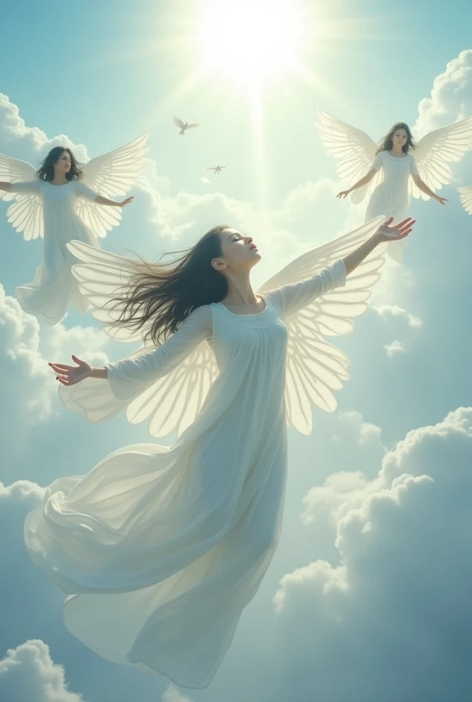 (photorealism:1.2), little beautiful angels, flying on white clouds, wearing full sleeves covered in white, black hair, heaven, soft lighting, little white angels in background, a bright light above, graceful pose, realistic, intricate details, white colors