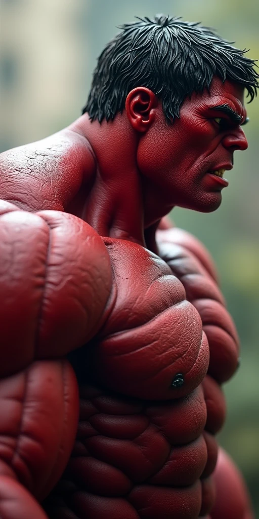 photography of Red Hulk (side view:0.9)