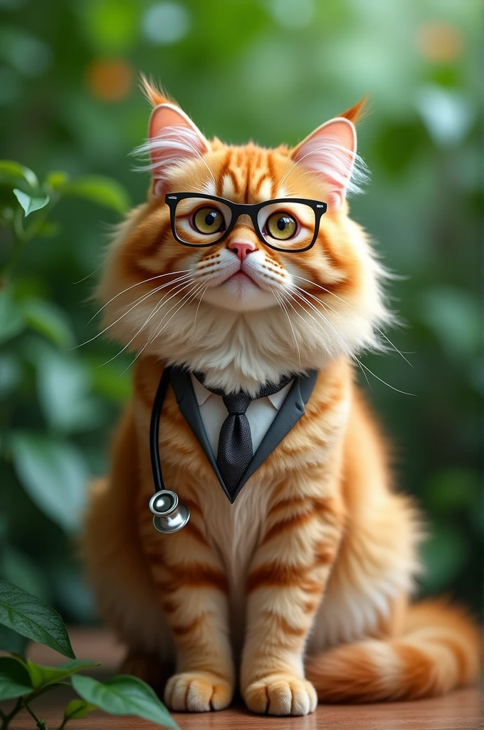 Orange Persian cat wearing glasses with a stethoscope and a green background