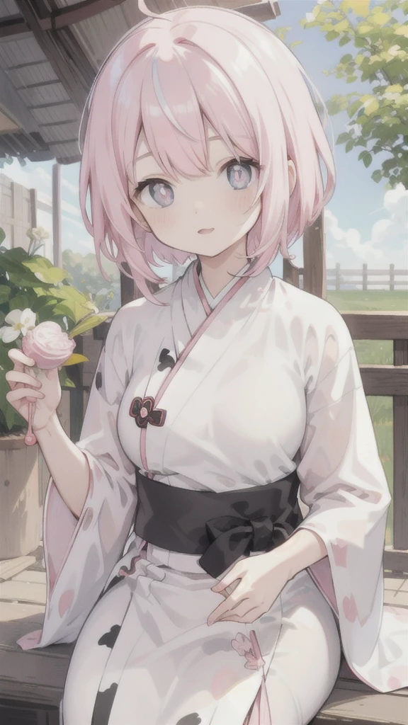 Dairy Cow,Short pink hair,One black and one white heterochromatic pupils,Dairy Cow striped Hanfu