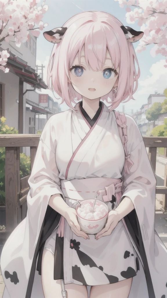 Dairy Cow,Short pink hair,One black and one white heterochromatic pupils,Dairy Cow striped Hanfu