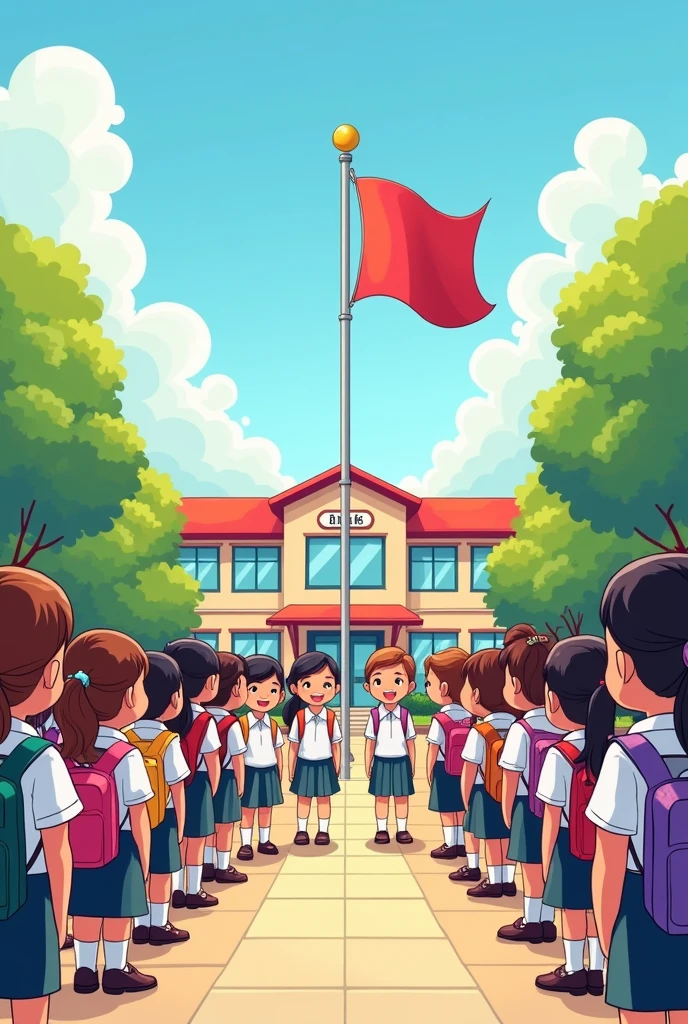 grades 1-6 students with their teachers lined up for flag ceremony in school cartoon
