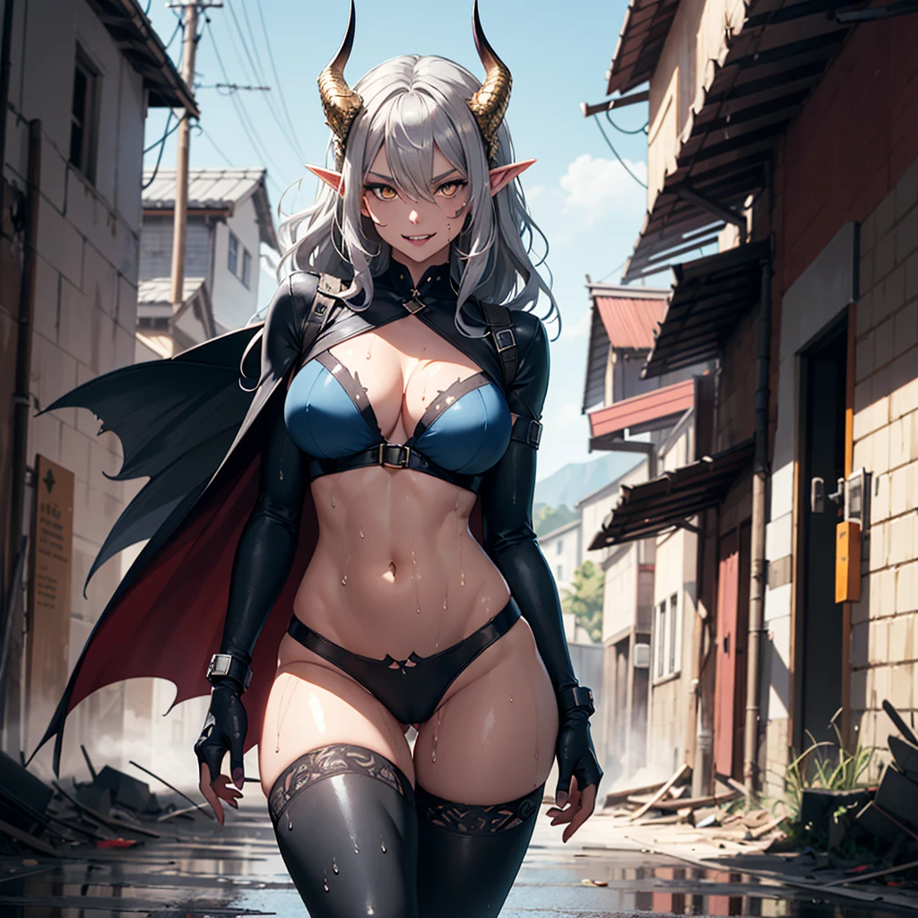 ((best quality)), ((masterpiece)), (detailed), 1 women star elf dark knight, 8k_wallpaper, extremely detailed eyes, (large masterpiece digital art), (intricate details:1.3 ), (ultra-detailed:1.3), (sharp focus:1.3), (natural lighting:1.05), (vivid colors:1.3), (best quality:1.4), high quality, expressive eyes, full body, detailed face, beautiful face, perfect face, ((hair sandy white curls)), ((dragon dark silver horns)), (gold eyes), {{gray blue skin}}, ({gray blue skinned female}), big ge chest, powerful relief muscles of the abdomen and legs, powerful strong muscles of the arms, abdominal piercings, cruel predatory and cold-blooded arrogant look, a predatory smile with many fangs, open kimono of yellow and red silk, white croptop with transparent wet cloth, under the clothes the clear outlines of large pointed nipples with pi in the form of crosses appear, torn leather pants, the outlines of a wet vagina are clearly vissteel gloves, wet, dirty, covered in blood, walking along the road between the houses of a destroyed village, dark cruel fantasy style,