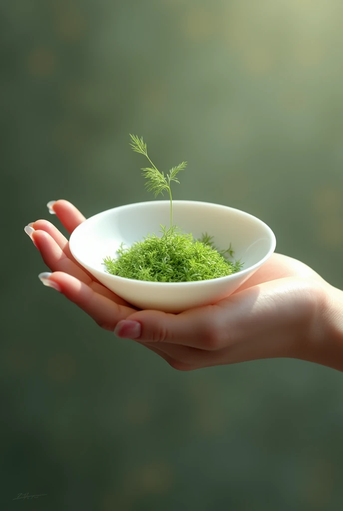 Green Fennel seeds in white glass bowl, holded by a girl hand, show only hand like she raised the bowl