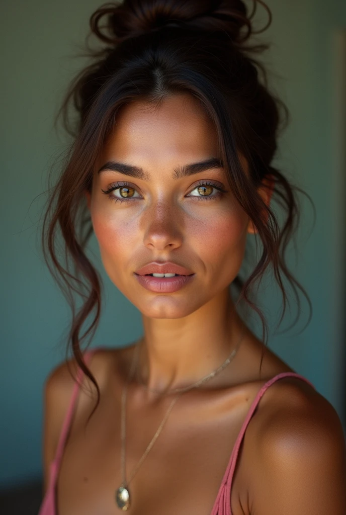 Un portrait photoréaliste d&#39;une jeune femme brésilienne bronzée incroyablement belle et sans maquillage, métis, caucasien, la peau est bronzée, extrêmement détaillé brown eyes, les cheveux sont en chignon élégant, visage réaliste symétrique détaillé, proportions faciales réalistes, extrêmement détaillé natural texture, duvet de pêche, les cheveux brun foncé, chef-d&#39;œuvre, photo primée de Francesco Scavullo, Photographie de stock de films Nikon D850, Appareil photo Kodak Portra 400 F1.6 lentilles, extrêmement détaillé, Incroyable, détail fin, couleurs riches, texture réaliste hyper réaliste, Éclairage dramatique, Moteur irréel, tendance sur artstation, cinestill 800 tungstène, Regarder le spectateur, photo réaliste, photo brute, TanvirTamim, Haute qualité, haute résolution, netteté, extrêmement détaillé, Éclairage cinématographique, 8k euh