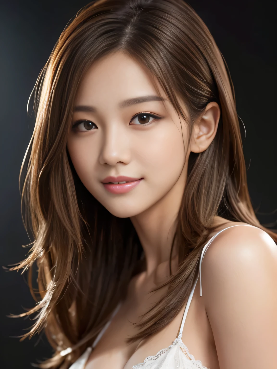 masterpiece, best quality, ultra-detailed, intricately detailed hyperdetailed, realistic, sharp features, highly detailed, sharp focus, Realistic, Photorealistic:1.3, (19 years old:1.3), perfect face, perfect symmetrically eyes, perfect full lips, hyper detailed, hyper realistic, high resolution, beautiful young korean woman, Slender, brown hair, Stylish, model poses, Beautiful Face, light brown hair, messy hair, Beautiful hairstyle, (seductive smile:1.2), (looking at viewer), cinematic lighting, White background,
