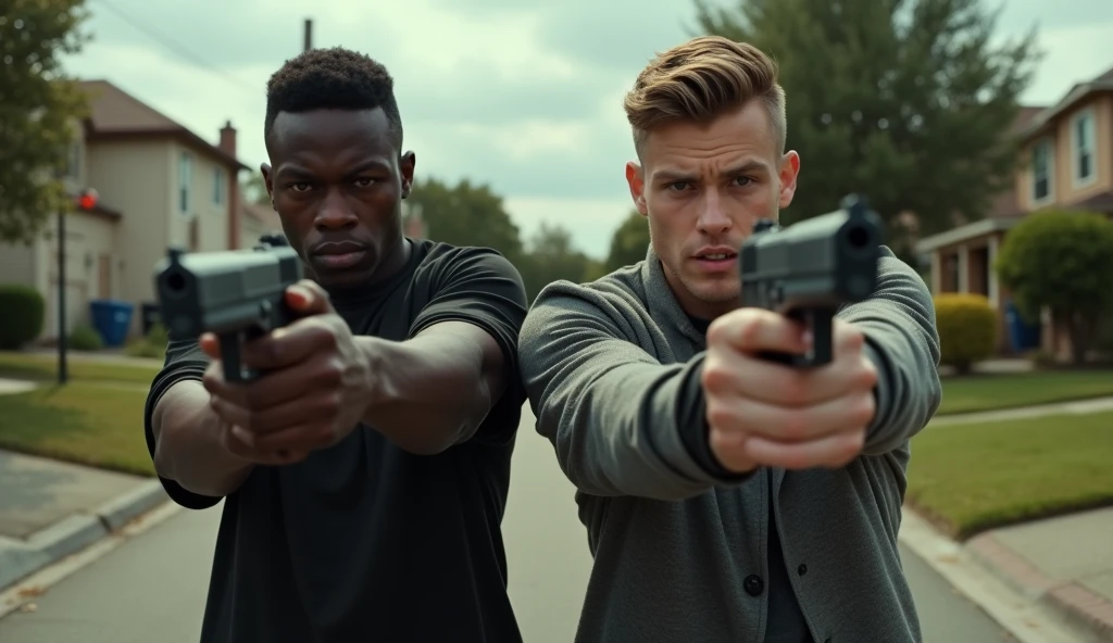 2 young men robbing in a neighborhood with guns in their hands, one is dark-skinned and the other is white, photo size 16:9